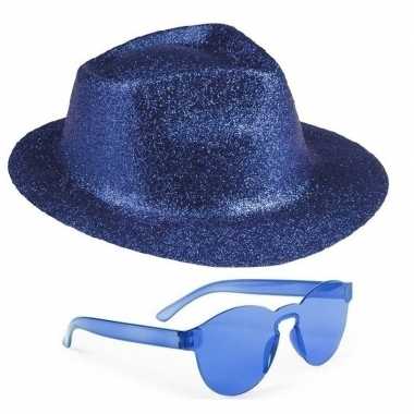 Toppers blauw trilby glitter party hoedje blauwe zonnebril