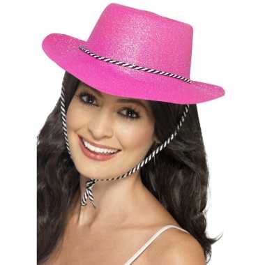 X stuks roze glitter carnaval verkleed cowboy hoed 10288289