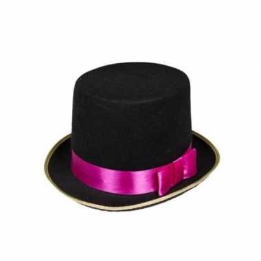 Zwarte hoge hoed roze rand heren