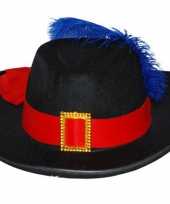 Musketier hoed met rode band en blauwe veer