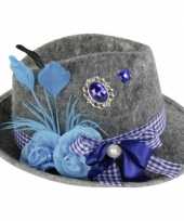 Oktoberfest grijze tiroler hoed blauwe veer