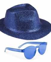Toppers blauw trilby glitter party hoedje blauwe zonnebril