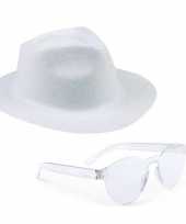 Toppers wit trilby glitter party hoedje transparante zonnebril